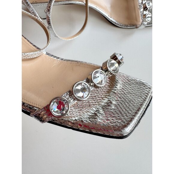 SERGIO ROSSI SR1 Silver Snake Leather Crystal Studded Block Sandals, Size 40.5 - Picture 6 of 14